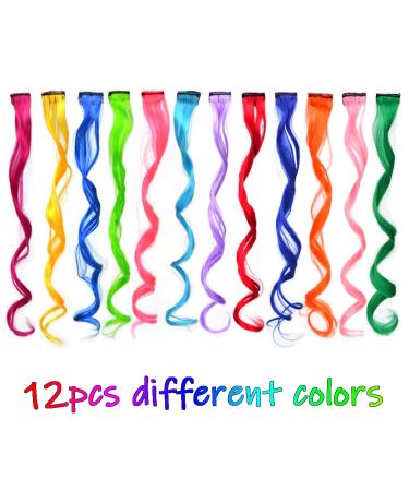 12 Pcs Colored Hair Extensions Clips - Curly Wavy Synthetic Hairpieces for Women, Kids, Girls - Multi-color Party Highlights - Colorful Set - Buy Online on GoSupps.com