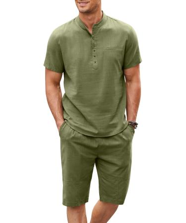 COOFANDY Men's 2 Piece Linen Set Short Sleeve Henley Shirts and Shorts Summer Beach Yoga Pants Set Army Green XX-Large