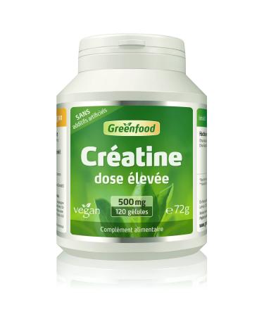 Greenfood Creatine, 500 mg, high dose, 120 capsules - NO artificial additives, no genetic engineering. Vegan.