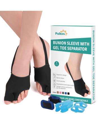 Puikos Hallux valgus toe toe toe toe separator set 1 pair of hallux valgus socks bunion corrector 1 piece of big toe strap and 2 pieces toe spreader for women men (2 toes / small black) 2 toes / small black