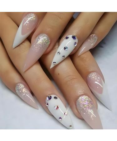 Stiletto Press on Nails White Medium Length Fake Nails with Glue Acrylic Ombre Rhinestone Glue on Nails with Designs Fancy Gel Manicure False Nail for Women Stick ons Nails for Girls Wedding