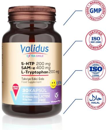 VALIDUS Extra Smile 5-HTTP 200 mg + L- Tryptophan 200 mg + Sam-e 400 mg 30 Capsules (Vcaps Plus) - Buy Online on GoSupps.com