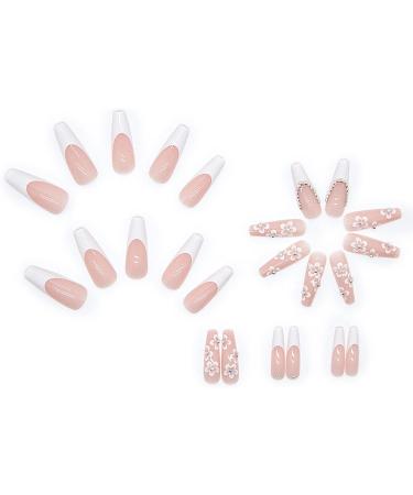 French Long Pink Coffin Fake Nails with Flower and Rhinestones - 24pcs | Press on Nail with Jelly Stickers | Ballerina Nail Tips for Women Girls - Trendy Nail Decor - Buy Online on GoSupps.com