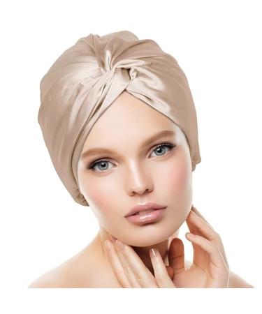 LUCKYNA New 19 Momme 100percent Mulberry Silk Sleep Cap for Women Hair Care  Natural Silk Night Bonnet with Elastic Stay On Head 1Pcs (Rice Coffee)