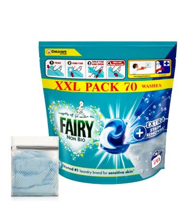 Direct Mart Fairy Non-Bio PODS Washing Liquid Laundry Detergent Capsules Tablets 70 Washes | with 47cm x 32cm Washing Laundry Bags for Socks Underwear Bra and More - Buy Online on GoSupps.com
