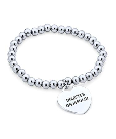 Personalize Customizable Medical ID Stretch Bracelet Heart Shape Charm Tag for Women Teen Stainless Diabetes On Insulin