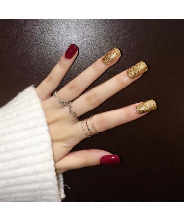 Bright Red Hujl Artificial Nails with 24 Gold Sequins | Fully Square Design & Women's Stickers Shop Now for International Shipping! - Buy Online on GoSupps.com