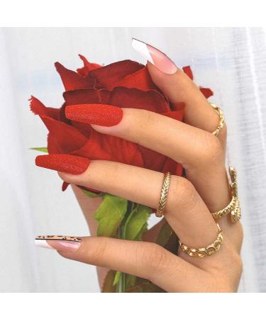 Sethexy Long Matt Ballerina Nails - Red Coffin Leopard Design | 24 Sparkle Acrylic Press-On Fingernails with Glue | Perfect for Women & Girls - Buy Online on GoSupps.com