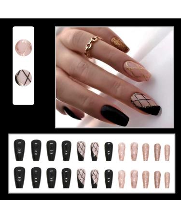 Justotry 24 Pcs Tartan False Nails Long Black French Press on Nails with Gold Swirl Ballerina Design - Acrylic Coffin Fake Nails Medium with Glue for Women's Nail Art - Buy Online on GoSupps.com