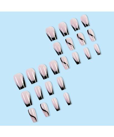 Shop Exquisite French Tip Medium Coffin Press On Nails - Black & Nude Glossy Acrylic Nails for Women | 24 Pcs Full Cover Glitter Nails - Buy Online on GoSupps.com