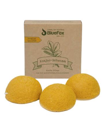 BlueFox Konjac Sponge Set of 3 Turmeric Facial Cleansing for Blemished and Combination Skin Facial Care Make-Up Organic Facial Sponge Exfoliating of the Skin Cleansing Sponge Colour Yellow