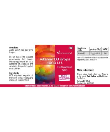 Vitamin trend Vitamin D3 per drop 1000 IU 100 ml High dosage liquid and produced in Germany Cholecalciferol Vitamintrend - Buy Online on GoSupps.com