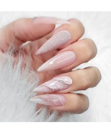 Glitter Pink False Nails Nude Press on Nails Extra Long Acrylic Stick on Nails 24pcs Ballet Fake Nails with Glue Sticker for Women and Girls Fashion Nail Tips Cool Nails (Long Glitter)