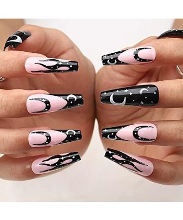 Vatocu Long Pink Flame Tai Chi Press-On Coffin Nails - 24 Pack Ballerina Acrylic Fake Nails for Women & Girls - Black & White Full Cover - Buy Online on GoSupps.com