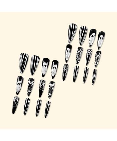 Spooky Halloween Press On Nails Long Pointed Fake Nails with Black & White Stripe Spider Web Design | 24pcs Glossy Reusable Nail Art for Women - Buy Online on GoSupps.com