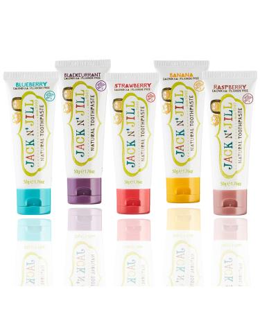 Jack N Jill Natural Toothpaste Mixed Fruit Basket, Strawberry, Banana, Blueberry, Blackcurrant, Raspberry, Vegan, SLS Free, Yum! 5-Pack