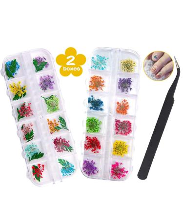 Dried flowers nail sticker 2 box 36 pieces 3d nail art synthetic resin flowers sticker flowers dry nail art dry flowers nail accessories for nail decor diy design with 1 curved tweezer