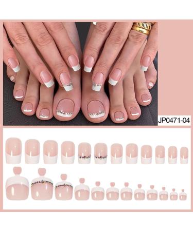 White Rhinestone French Tip Press on Toenails - 48Pcs Full Cover False Nails for Women - Buy Online on GoSupps.com