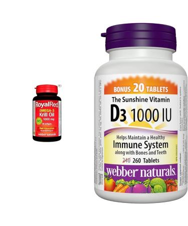 Webber Naturals RoyalRed Krill Oil 1000 mg 30 Softgels Supports Cardiovascular Health & Vitamin D3 1000 IU 260 Tablets For Healthy Bones Teeth and the Maintenance of Good Health