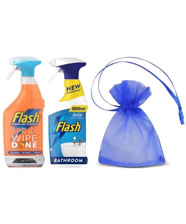 Flash Sparkling Kitchen Spray Wipe Done 1Pk x 800ml Bright Mandarin Scent + Flash Bathroom Cleaning Spray with Febreze Fresh Scent 1Pk x 800ml + Our Gift for You: Organza Bag Size: 9x7x0.1cm