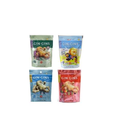 Gin Gins Gluten Free Vegan Ginger Candy 4 Flavor Variety Bundle: (1) Gin Gins Original, (1) Gin Gins Spicy Apple, (1) Gin Gins Peanut, and (1) Gin Gins Super Strength, 3 Oz. Ea.