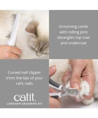 Catit Grooming Kit for Medium-Longhaired Cats. Canister includes 5 tools: Pin brush Long dematter metal slicker brush grooming comb with rolling pins and curved nail clippers - Buy Online on GoSupps.com