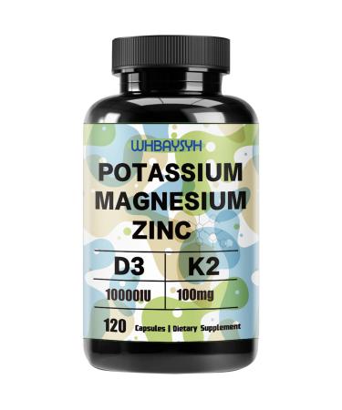 Potassium Magnesium Supplement Potassium Magnesium Zinc with Vitamin D3 &K2 High Strength Electrolyte Balance Support Energy Vegan Non-GMO 120 Veg Capsules(Pack of 1)