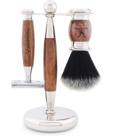 JAG SHAVING LEE Range 5-Part Shaving Set - Black Synthetic Hair Brush Double Edge Razor Rack Leather Bag Bowl & Wood - Premium International Shipping - Buy Online on GoSupps.com