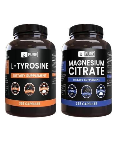 Pure Original Ingredients L-Tyrosine and Magnesium Citrate Bundle 365 Capsules Each Always Pure Lab Verified