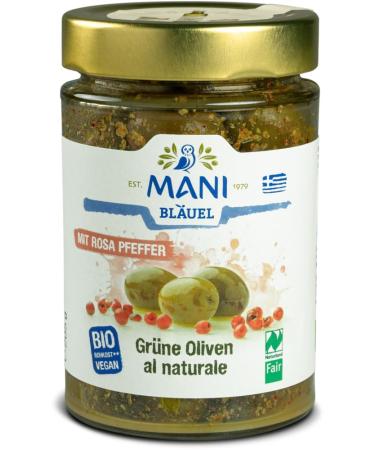 Mani Bl uel Mani Bl uel Natural organic green olives coriander velvet and pink pepper (6 x 205g)