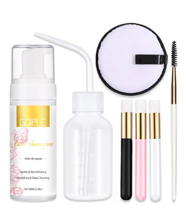 100ML Lash Shampoo for Lash Extensions Eyelash Extension Cleanser, Natural Lashes Makeup & Mascara Remover Professional & Self Use, Cleaning Kit with Cotton Puff Rinse Bottle Brush, Home Salon Use