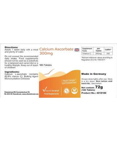 Ascorbate de Calcium 180 comprim s ! POUR 6 MOIS ! Vitamine C 300mg tamponn e V gan Flacon avantageux | Vitamintrend  - Buy Online on GoSupps.com