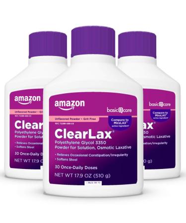 Amazon Basic Care ClearLax, Polyethylene Glycol 3350 Powder for Solution, Osmotic Laxative, Pack of 3 (53.7 Ounces Total) - Buy Online on GoSupps.com