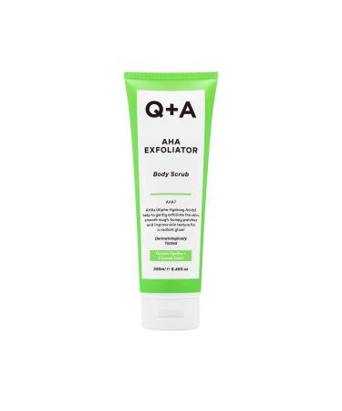 Q+A AHA Exfoliator Body Scrub for Rejuvenating Body Care a blend of AHA s Lactic Acid and Glycolic Acid combined with exfoliants improves skin texture and promotes soft and supple skin 250ml