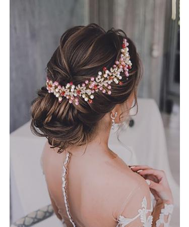 IYOU Pearl Wedding Hair Vine Pink Leaf Bridal Headband Crystal Bridesmaid Bride Hair Piece Accessories for Women(Gold) - Buy Online on GoSupps.com
