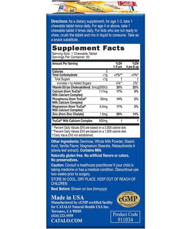 CATALO Children s Milk Calcium Formula Kids & Toddler Milk Bone Supplement Zinc & Vitamin D3 Added Kids Vitamins Toddler Formula 12-36 Months 50 Chewable Tablets - Buy Online on GoSupps.com