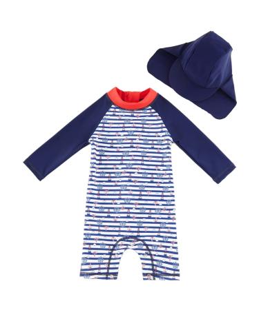 UMELOK Baby Boys Swimwear UPF 50 Sun Protection All in One Swimsuit with Snap Bottom (Come with a Sun Hat) 9-12 Months Blue Lighthouse