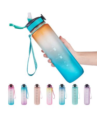 EYQ 32 oz Water Bottle with Time Marker, Carry Strap, Leak-Proof Tritan BPA-Free, Ensure You Drink Enough Water for Fitness, Gym, Camping, Outdoor Sports 03-Orange/Green Gradient