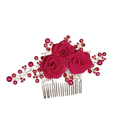 Healeved Red Pearl Hair Comb Rose Flower Hair Clips Decorative Wedding Side Comb Rhinestones Vintage Hair Piece for Women Wedding Party