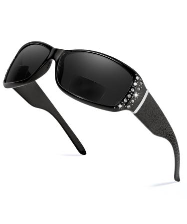 Bifocal Reading Sunglasses for Women Wrap Readers Sunglasses Rhinestone Decor UV400 Protection IF8166 Black 2.0 x