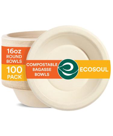 ECO SOUL 100% Compostable 16 Oz Soup Bowls 100-Pack Disposable dessert bowls I Heavy duty paper bowl I Eco-friendly salad bowl I Biodegradable large Bowls 100 16 FL Oz