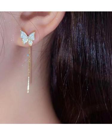 Vintage Crystal Butterfly Chain Earrings | Gold Bar Tassel Threader Jewelry for Women | Elegant CZ Ear Climbers - Buy Online on GoSupps.com