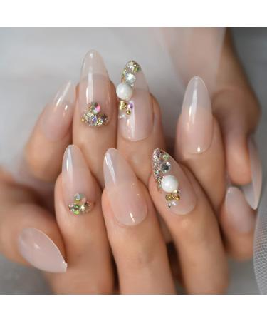 24pcs 3D Rhinestone Pearls Press On Nails - Shiny Medium Almond | International Shipping - Buy Online on GoSupps.com