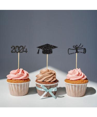 24 PCS Glitter 2024 Graduation Cupcake Toppers Class of 2024 Diploma Grad Cap Done Cupcake Picks 2024 Graduation Theme Party Cake Decorations Supplies Black