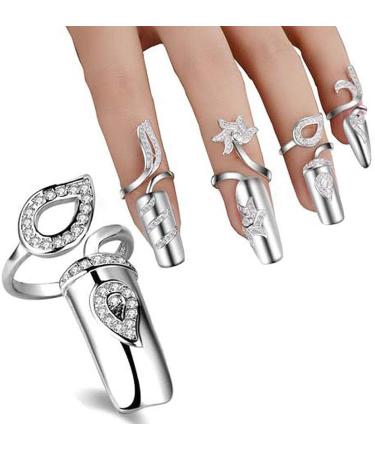 4 PCS Rhinestone Finger Tip Nail Rings - Adjustable Opening Nail Art Charms in Silver Women's Fashion - Buy Online on GoSupps.com