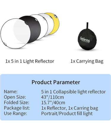 Selens 43 Inch Photography Reflector - 5 in 1 Collapsible Light Reflector with Carrying Case for Photo Studio Lighting - Buy Online on GoSupps.com