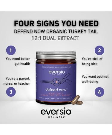 Eversio Wellness Defend Now Organic Turkey Tail Mushroom Supplement - 12:1 Turkey Tail Extract in 60 Vegan Capsules (500mg) - 45% Verified Beta-D-Glucans! - Buy Online on GoSupps.com