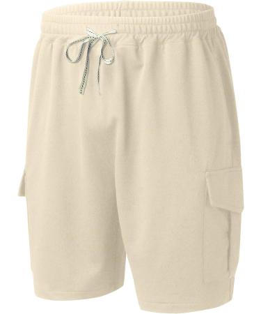 Men's Solid Color Drawstring Pocket Shorts - Elastic Waist Workout Shorts in Khaki, Size Large - Buy Online on GoSupps.com