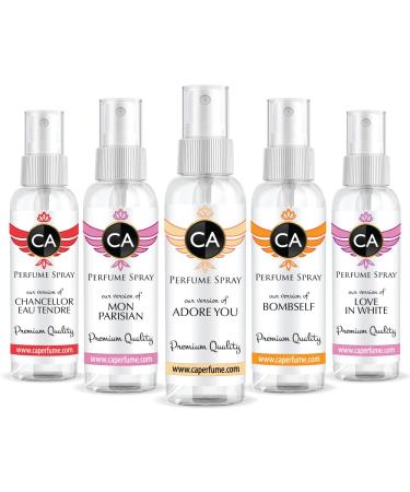 CA Perfume 2020 Most Attractive Women Set Impression of (Love in White + Bombself + Chancellor Tendre + Adore You+ Mon Parisian) Fragrance Sample Travel Size Parfum Sprayer (2 Fl Oz/60 ml) x 5