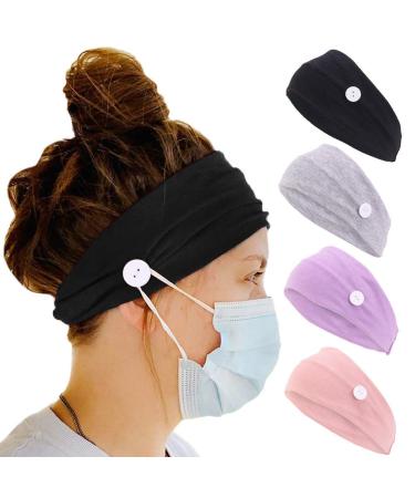 Amandir 4 Pack Headband with Buttons for Women Ear Protection Holder Elastic Headbands for Nurse Womens Workout Button Head Wrap Spa Yoga Headbands